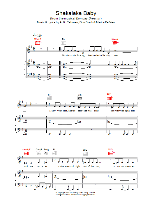 Bombay Dreams Shakalaka Baby Sheet Music Notes & Chords for Melody Line, Lyrics & Chords - Download or Print PDF