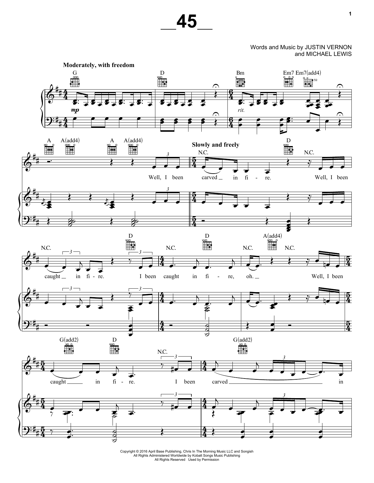 Bon Iver ____45____ Sheet Music Notes & Chords for Piano, Vocal & Guitar (Right-Hand Melody) - Download or Print PDF
