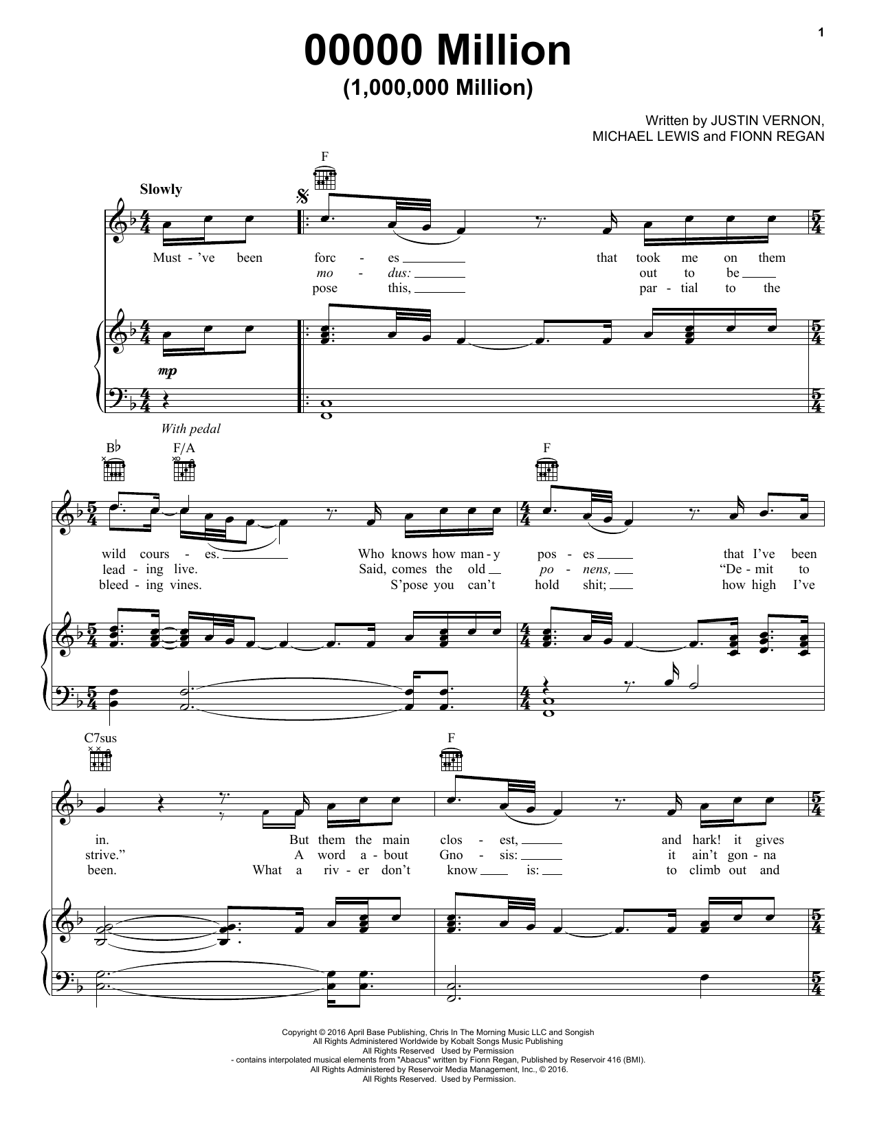 Bon Iver 00000 Million (1,000,000 Million) Sheet Music Notes & Chords for Piano, Vocal & Guitar (Right-Hand Melody) - Download or Print PDF
