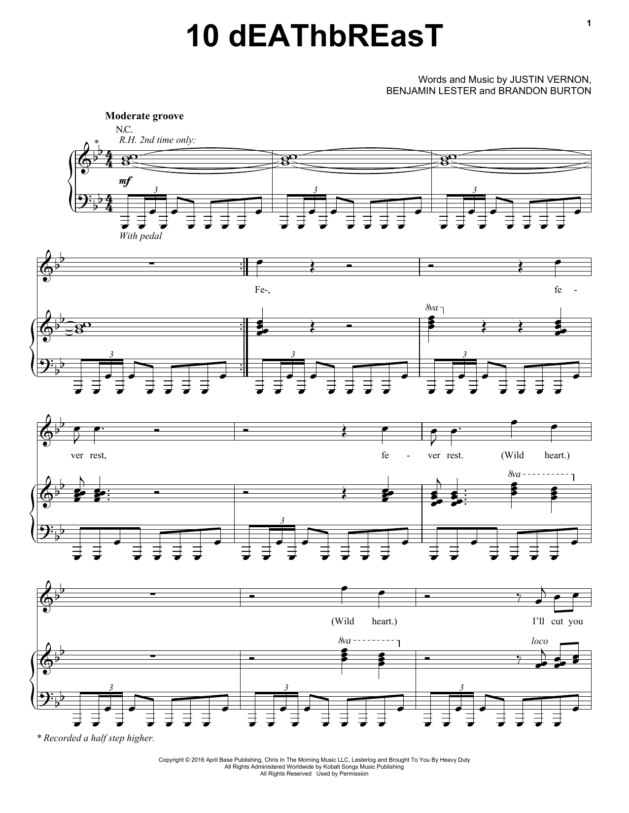 Bon Iver 10dEAThbREasT Sheet Music Notes & Chords for Piano, Vocal & Guitar (Right-Hand Melody) - Download or Print PDF