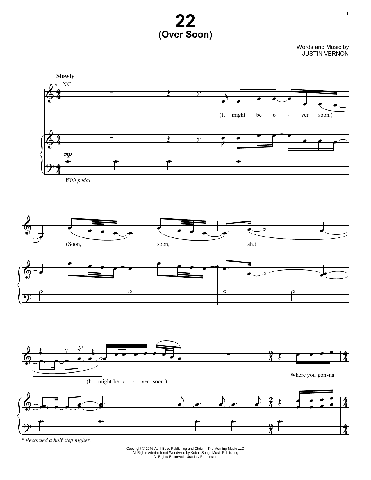 Bon Iver 22 (Over Soon) Sheet Music Notes & Chords for Piano, Vocal & Guitar (Right-Hand Melody) - Download or Print PDF