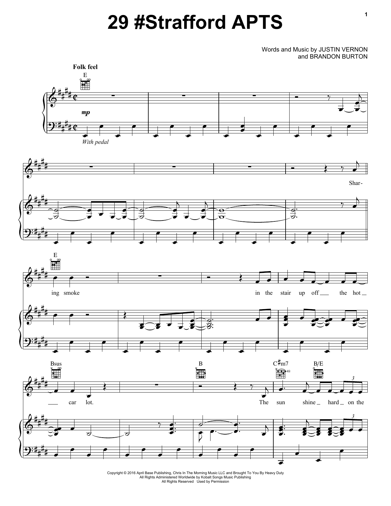 Bon Iver 29 #Strafford APTS Sheet Music Notes & Chords for Piano, Vocal & Guitar (Right-Hand Melody) - Download or Print PDF