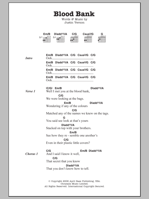 Bon Iver Blood Bank Sheet Music Notes & Chords for Lyrics & Chords - Download or Print PDF