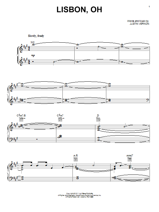 Bon Iver Lisbon, OH Sheet Music Notes & Chords for Piano, Vocal & Guitar (Right-Hand Melody) - Download or Print PDF