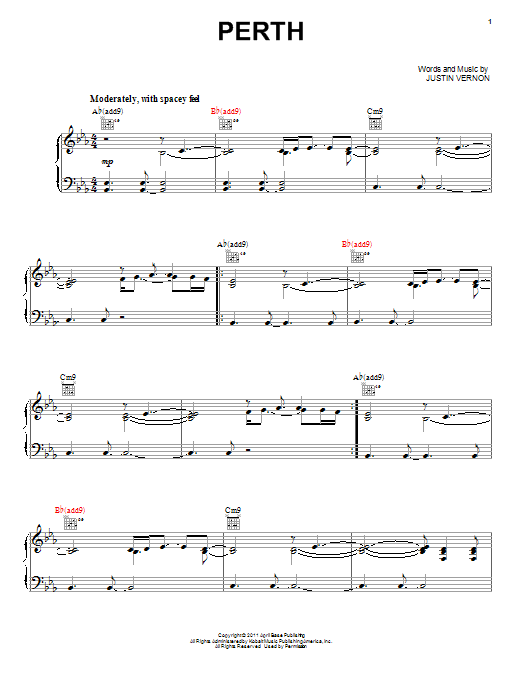 Bon Iver Perth Sheet Music Notes & Chords for Piano, Vocal & Guitar (Right-Hand Melody) - Download or Print PDF