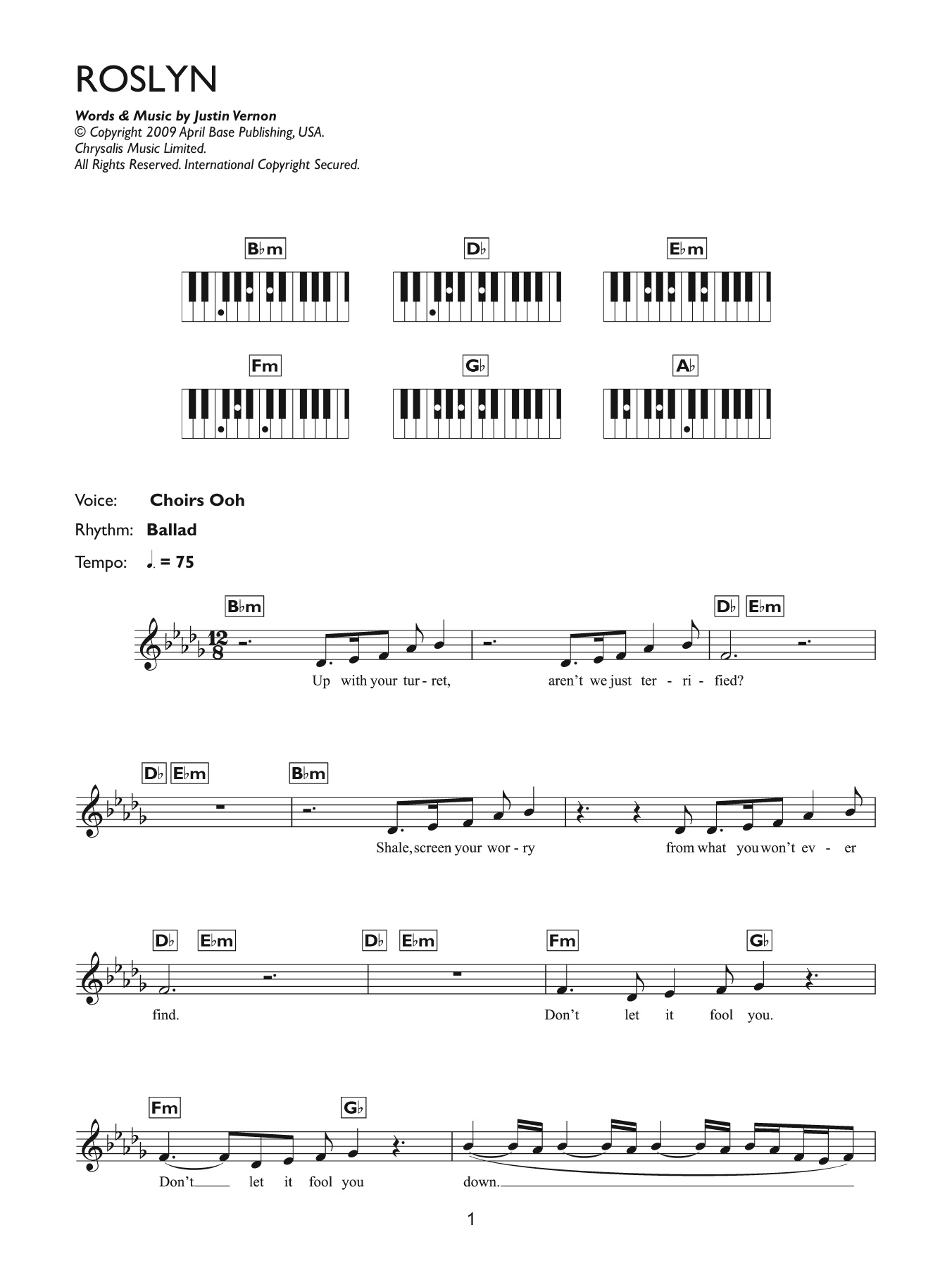 Bon Iver Roslyn Sheet Music Notes & Chords for Guitar Chords/Lyrics - Download or Print PDF