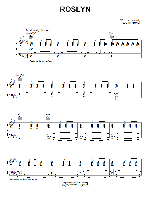 Bon Iver Rosyln Sheet Music Notes & Chords for Piano, Vocal & Guitar (Right-Hand Melody) - Download or Print PDF