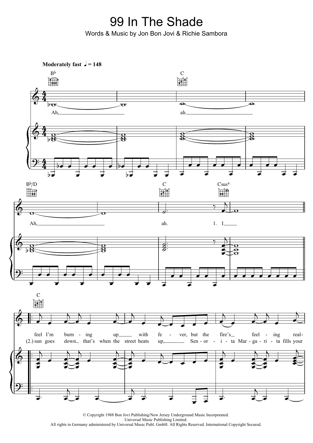 Bon Jovi 99 In The Shade Sheet Music Notes & Chords for Piano, Vocal & Guitar (Right-Hand Melody) - Download or Print PDF