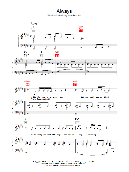 Bon Jovi Always Sheet Music Notes & Chords for Lyrics & Chords - Download or Print PDF