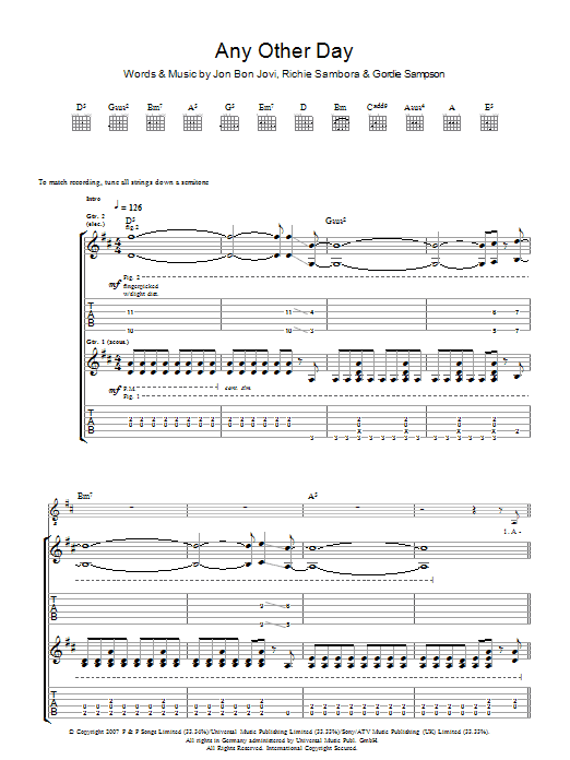 Bon Jovi Any Other Day Sheet Music Notes & Chords for Guitar Tab - Download or Print PDF
