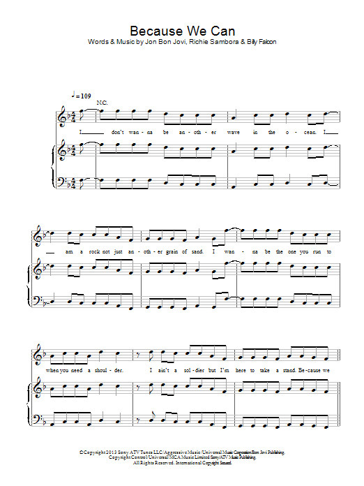 Bon Jovi Because We Can Sheet Music Notes & Chords for Piano, Vocal & Guitar (Right-Hand Melody) - Download or Print PDF