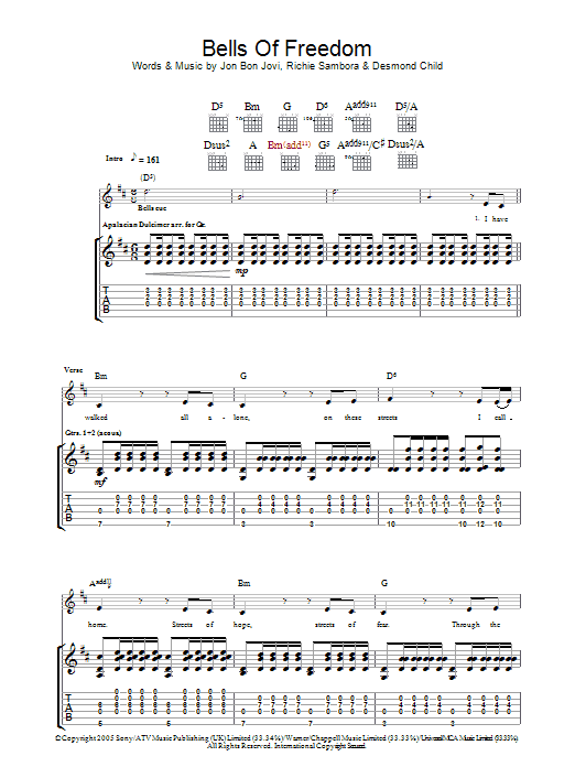 Bon Jovi Bells Of Freedom Sheet Music Notes & Chords for Piano, Vocal & Guitar (Right-Hand Melody) - Download or Print PDF
