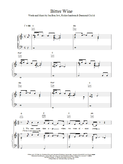 Bon Jovi Bitter Wine Sheet Music Notes & Chords for Piano, Vocal & Guitar (Right-Hand Melody) - Download or Print PDF