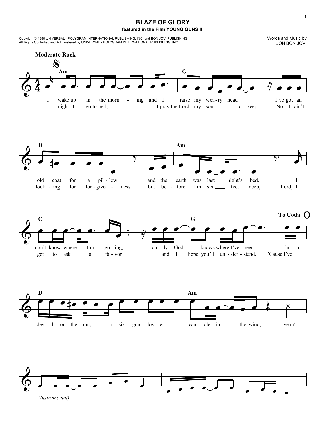Bon Jovi Blaze Of Glory Sheet Music Notes & Chords for Lead Sheet / Fake Book - Download or Print PDF