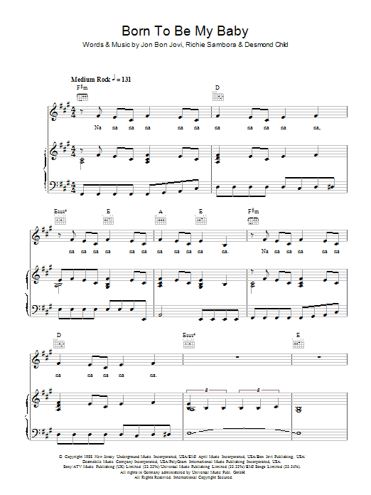 Bon Jovi Born To Be My Baby Sheet Music Notes & Chords for Piano, Vocal & Guitar (Right-Hand Melody) - Download or Print PDF