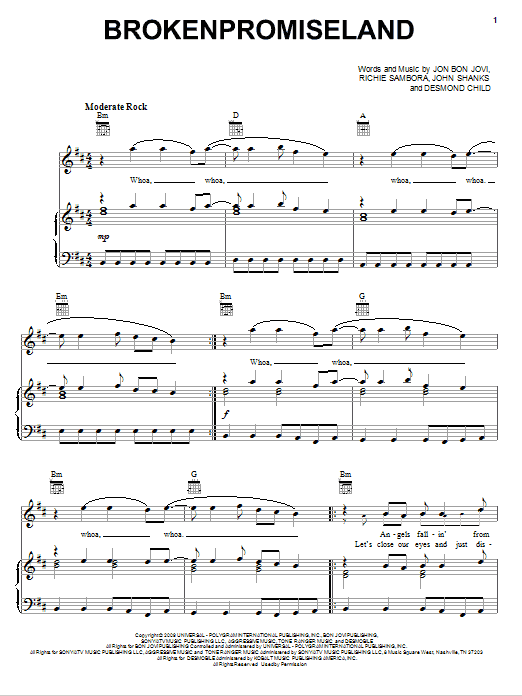 Bon Jovi Brokenpromiseland Sheet Music Notes & Chords for Piano, Vocal & Guitar (Right-Hand Melody) - Download or Print PDF