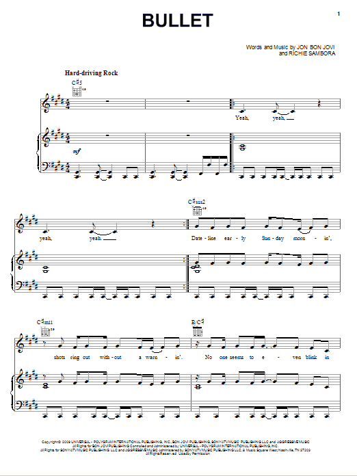 Bon Jovi Bullet Sheet Music Notes & Chords for Piano, Vocal & Guitar (Right-Hand Melody) - Download or Print PDF