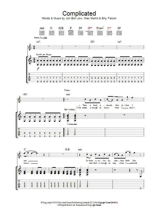 Bon Jovi Complicated Sheet Music Notes & Chords for Guitar Tab - Download or Print PDF