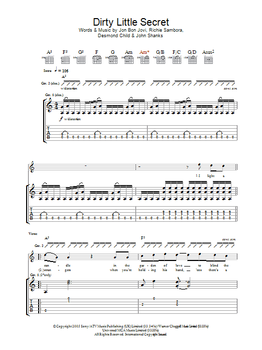 Bon Jovi Dirty Little Secret Sheet Music Notes & Chords for Guitar Tab - Download or Print PDF