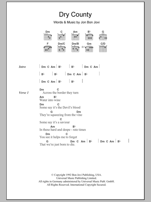 Bon Jovi Dry County Sheet Music Notes & Chords for Lyrics & Chords - Download or Print PDF