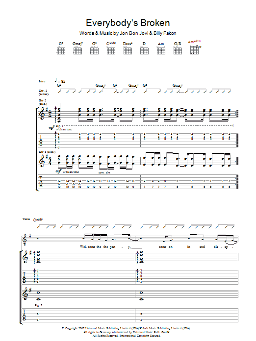 Bon Jovi Everybody's Broken Sheet Music Notes & Chords for Piano, Vocal & Guitar (Right-Hand Melody) - Download or Print PDF