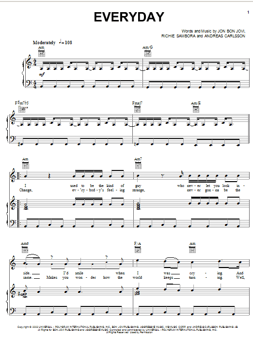 Bon Jovi Everyday Sheet Music Notes & Chords for Lyrics & Chords - Download or Print PDF