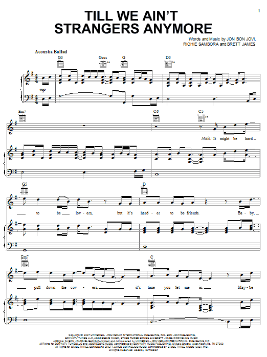 Bon Jovi featuring LeAnn Rimes Till We Ain't Strangers Anymore Sheet Music Notes & Chords for Piano, Vocal & Guitar (Right-Hand Melody) - Download or Print PDF