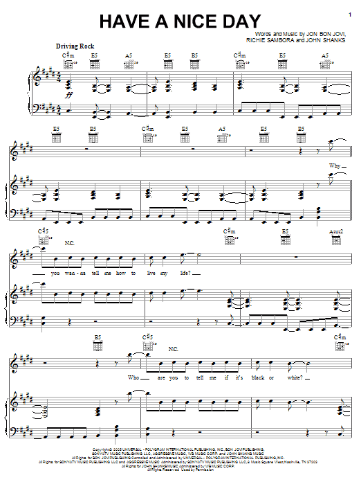 Bon Jovi Have A Nice Day Sheet Music Notes & Chords for Piano, Vocal & Guitar (Right-Hand Melody) - Download or Print PDF