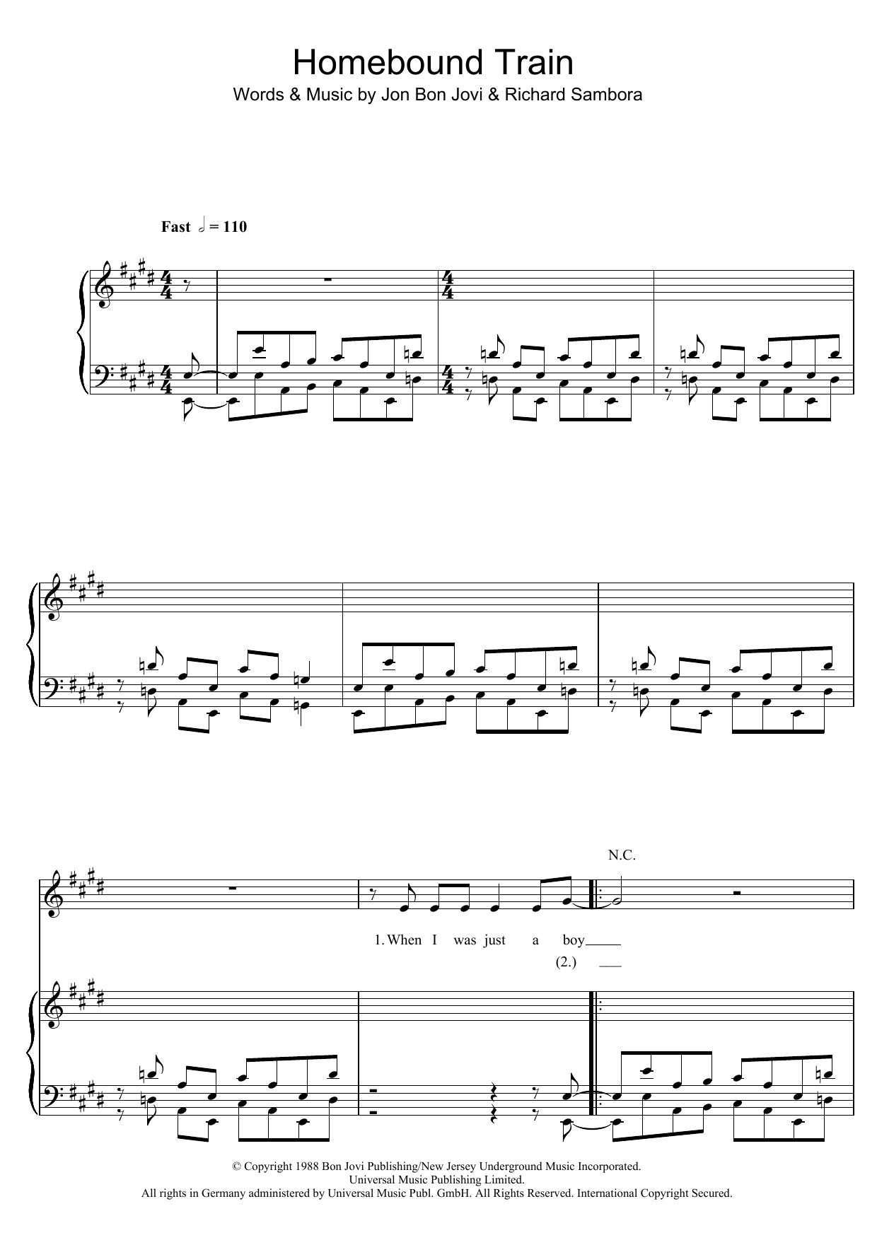 Bon Jovi Homebound Train Sheet Music Notes & Chords for Piano, Vocal & Guitar (Right-Hand Melody) - Download or Print PDF