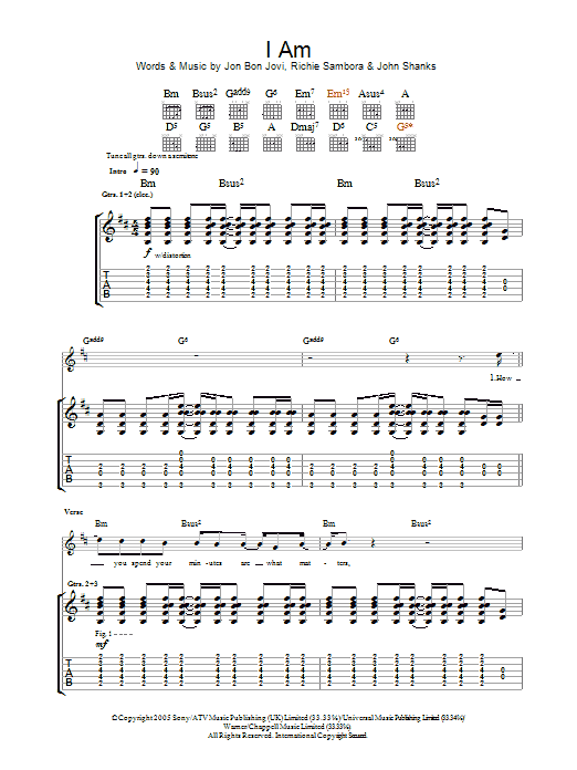 Bon Jovi I Am Sheet Music Notes & Chords for Piano, Vocal & Guitar (Right-Hand Melody) - Download or Print PDF