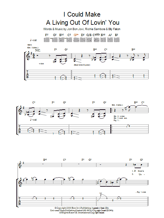 Bon Jovi I Could Make A Living Out Of Lovin' You Sheet Music Notes & Chords for Guitar Tab - Download or Print PDF