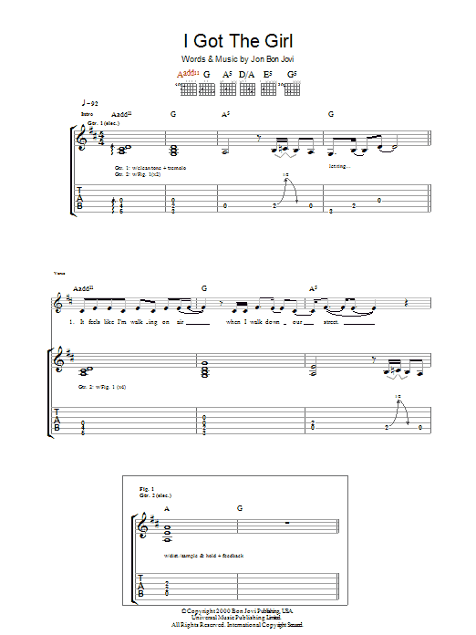 Bon Jovi I Got The Girl Sheet Music Notes & Chords for Guitar Tab - Download or Print PDF
