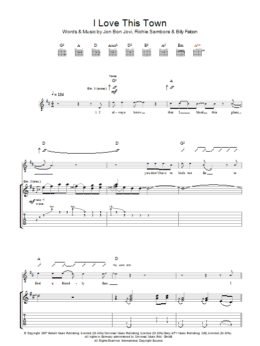 Bon Jovi I Love This Town Sheet Music Notes & Chords for Piano, Vocal & Guitar (Right-Hand Melody) - Download or Print PDF