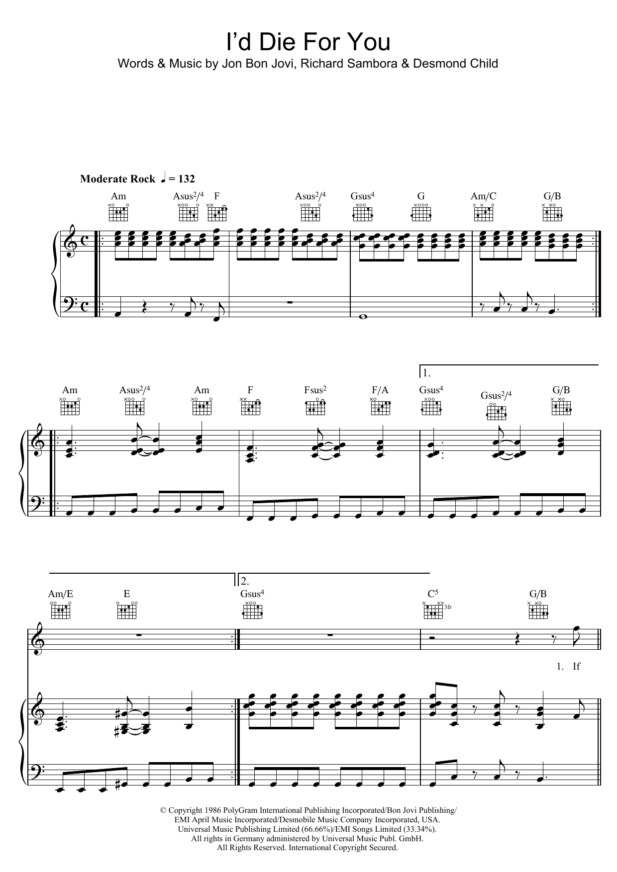 Bon Jovi I'd Die For You Sheet Music Notes & Chords for Piano, Vocal & Guitar (Right-Hand Melody) - Download or Print PDF