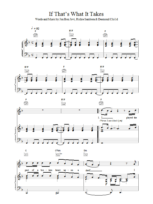 Bon Jovi If That's What It Takes Sheet Music Notes & Chords for Piano, Vocal & Guitar (Right-Hand Melody) - Download or Print PDF