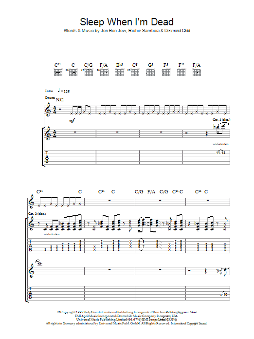 Bon Jovi I'll Sleep When I'm Dead Sheet Music Notes & Chords for Piano, Vocal & Guitar (Right-Hand Melody) - Download or Print PDF