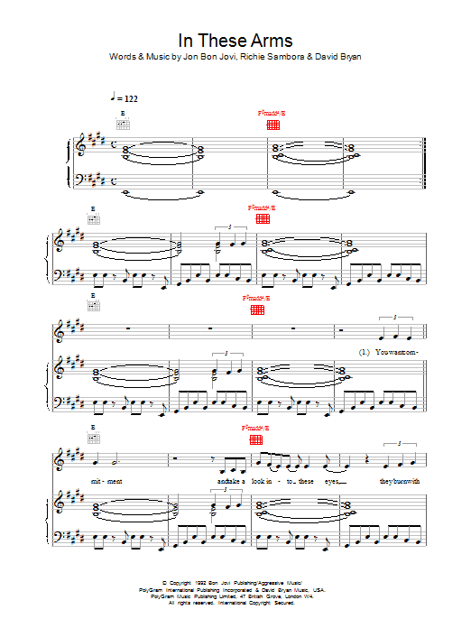 Bon Jovi In These Arms Sheet Music Notes & Chords for Lyrics & Chords - Download or Print PDF