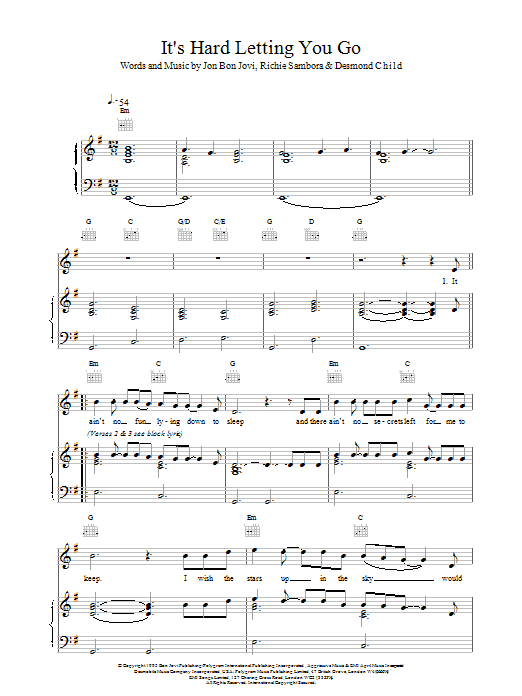 Bon Jovi It's Hard Letting You Go Sheet Music Notes & Chords for Piano, Vocal & Guitar (Right-Hand Melody) - Download or Print PDF