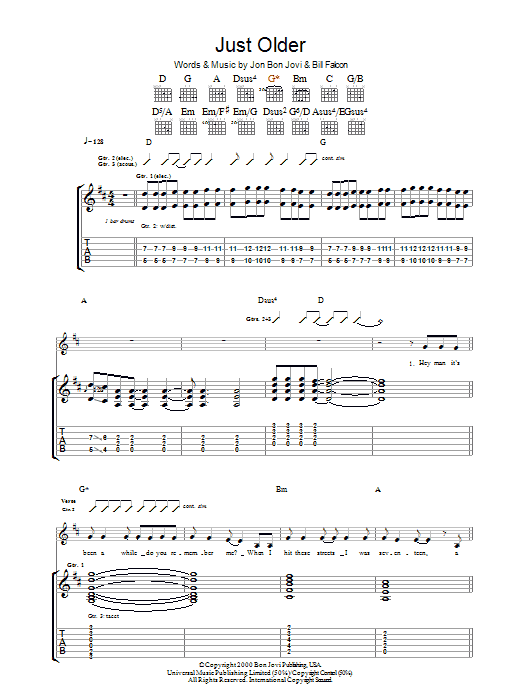 Bon Jovi Just Older Sheet Music Notes & Chords for Guitar Tab - Download or Print PDF