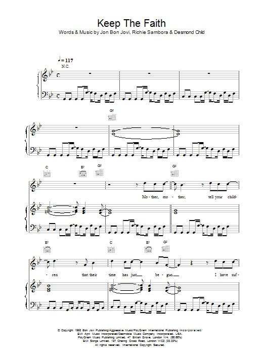 Bon Jovi Keep The Faith Sheet Music Notes & Chords for Piano, Vocal & Guitar - Download or Print PDF