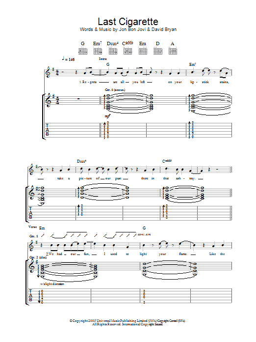 Bon Jovi Last Cigarette Sheet Music Notes & Chords for Guitar Tab - Download or Print PDF