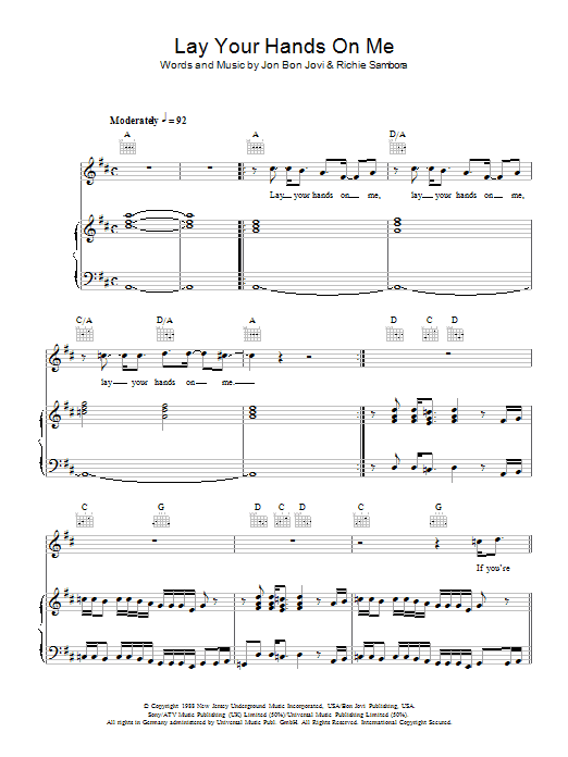 Bon Jovi Lay Your Hands On Me Sheet Music Notes & Chords for Piano, Vocal & Guitar - Download or Print PDF