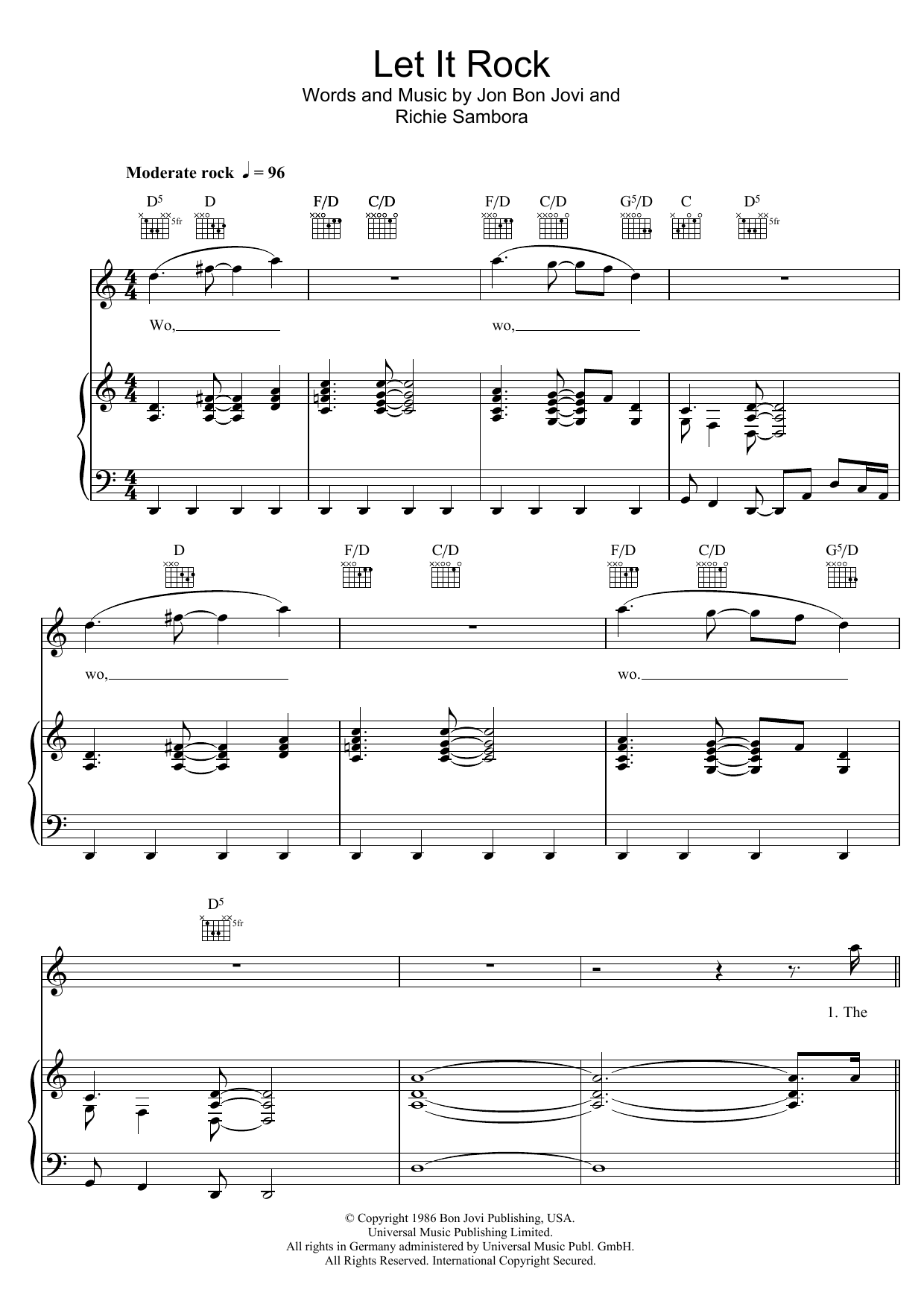 Bon Jovi Let It Rock Sheet Music Notes & Chords for Piano, Vocal & Guitar (Right-Hand Melody) - Download or Print PDF