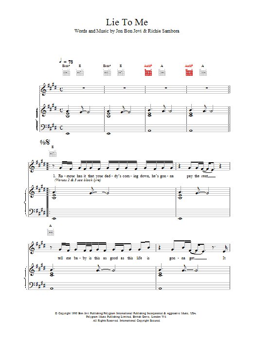 Bon Jovi Lie To Me Sheet Music Notes & Chords for Piano, Vocal & Guitar (Right-Hand Melody) - Download or Print PDF