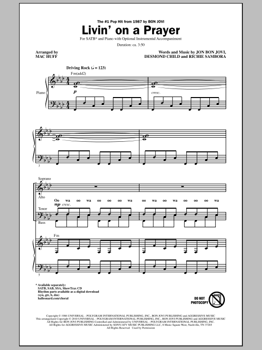 Bon Jovi Livin' On A Prayer (arr. Mac Huff) Sheet Music Notes & Chords for SAB - Download or Print PDF