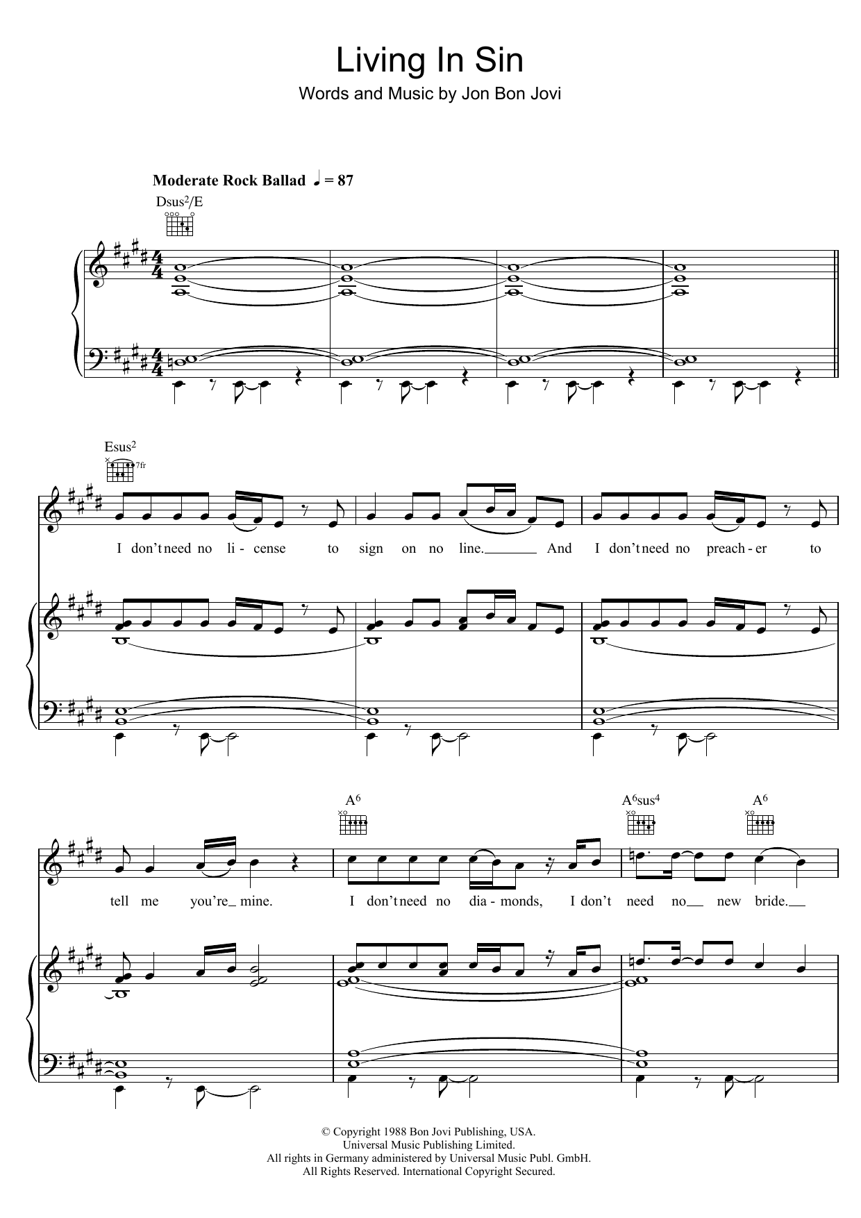 Bon Jovi Living In Sin Sheet Music Notes & Chords for Piano, Vocal & Guitar (Right-Hand Melody) - Download or Print PDF