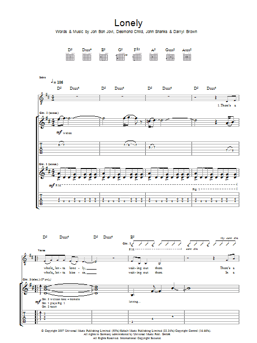 Bon Jovi Lonely Sheet Music Notes & Chords for Guitar Tab - Download or Print PDF