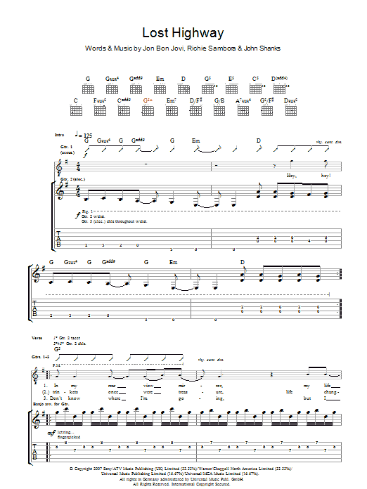 Bon Jovi Lost Highway Sheet Music Notes & Chords for Piano, Vocal & Guitar (Right-Hand Melody) - Download or Print PDF