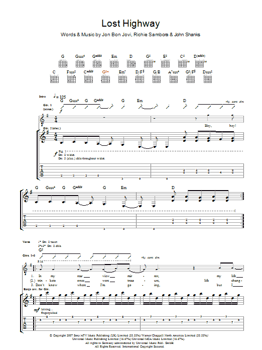 Bon Jovi Lost Highway Sheet Music Notes & Chords for Guitar Tab - Download or Print PDF