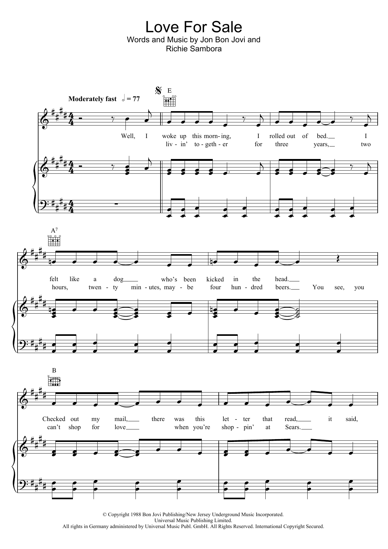 Bon Jovi Love For Sale Sheet Music Notes & Chords for Piano, Vocal & Guitar (Right-Hand Melody) - Download or Print PDF